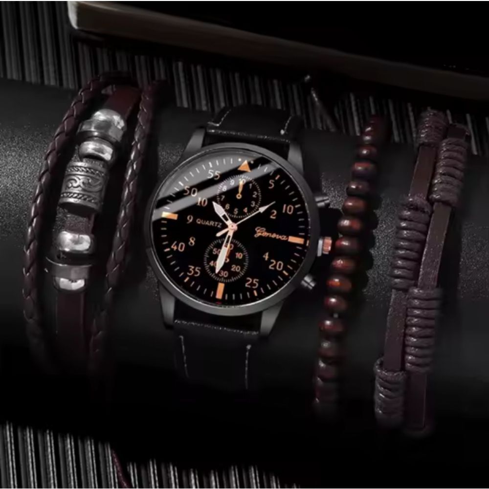 Men's Watch And Bracelet Set braided layered beaded brown‎ new e88